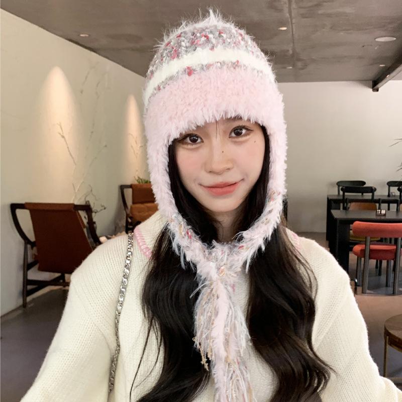 Шерстяная шапка женская лицо маленькое Майяр зимняя с бахромой косички утолщенная тепловая защита ушей шапка холодная вязаная шапка холодная шапка