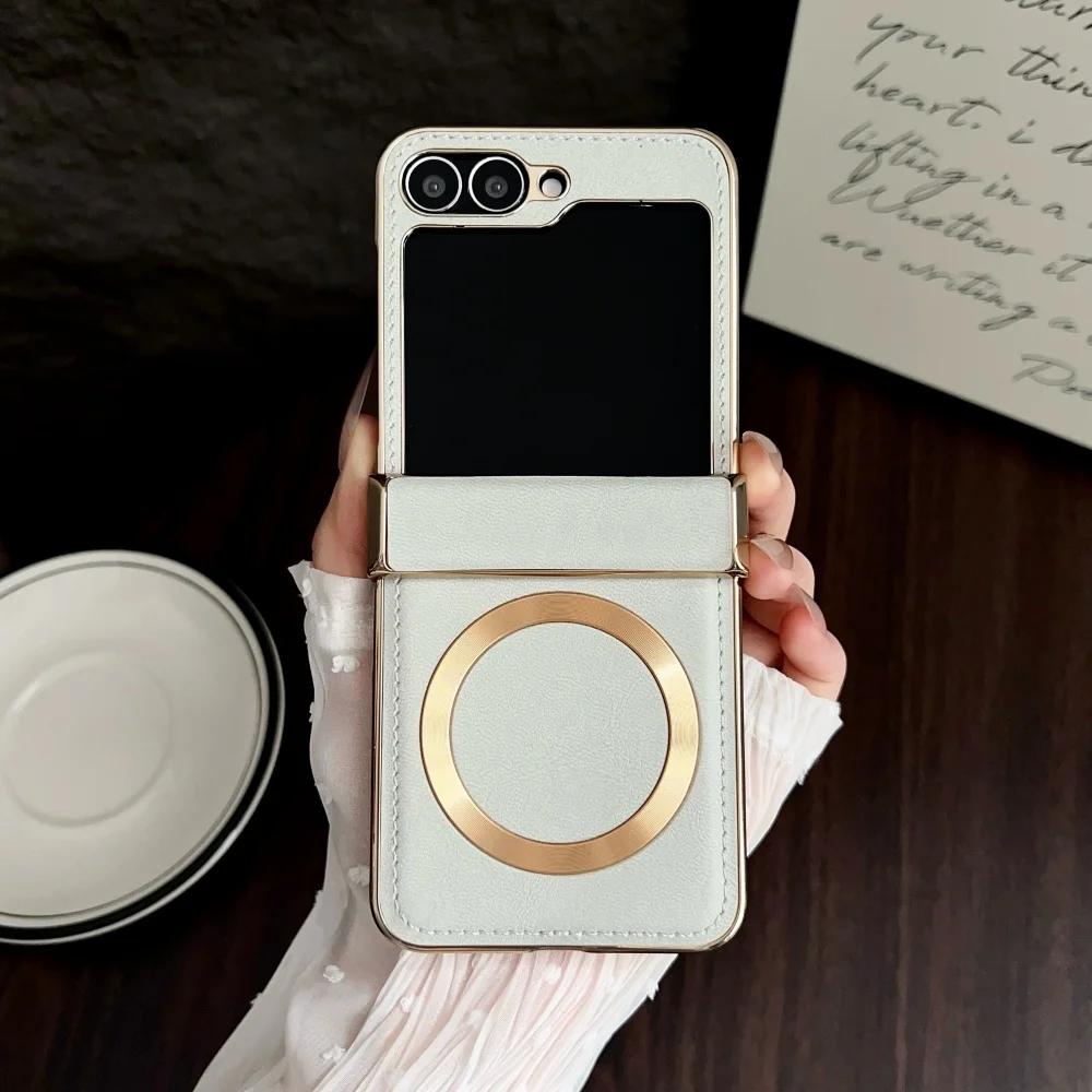 Luxury Electroplated Leather Magnetic Case for Samsung Galaxy Z Flip 7 6 5 4 3 Shockproof Bumper 2in1 Hinge Protection Cover