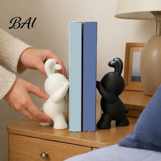 Minimalist Desk Organizers 2PCS Bunny Bookends, 3D Printed Rabbit Matte Black And Aesthetic Bedroom Shelf Decor White Book Stoppers, for Home