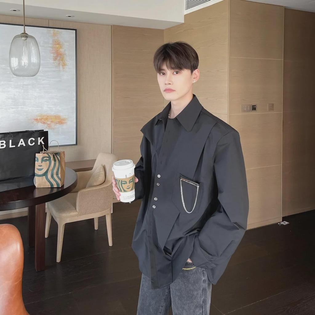 Niche Design Men's Long-Sleeve Loose Fit Korean-Style Casual White Shirt for Spring and Autumn.