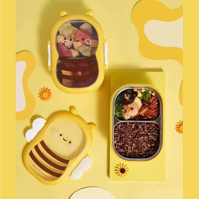 Lunch Box Cute Bee Shape Bento Box Leak-Proof Double Compartment Outdoor Camping Picnic Food