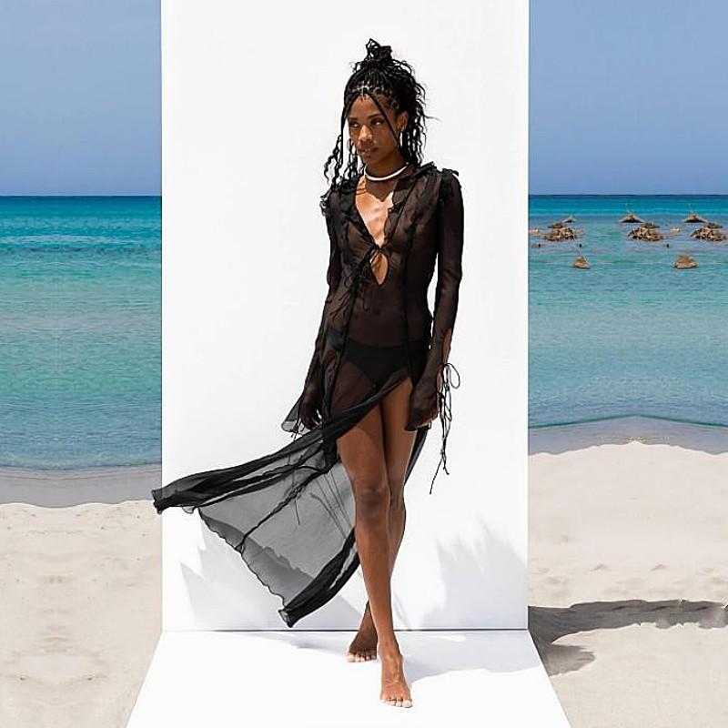 EDOLYNSA Sexy V Neck Perspective Ruffle Drawstring Maxi Dresses Women Spring Summer Elegant Side Split Beach Dress Cover Up A1942