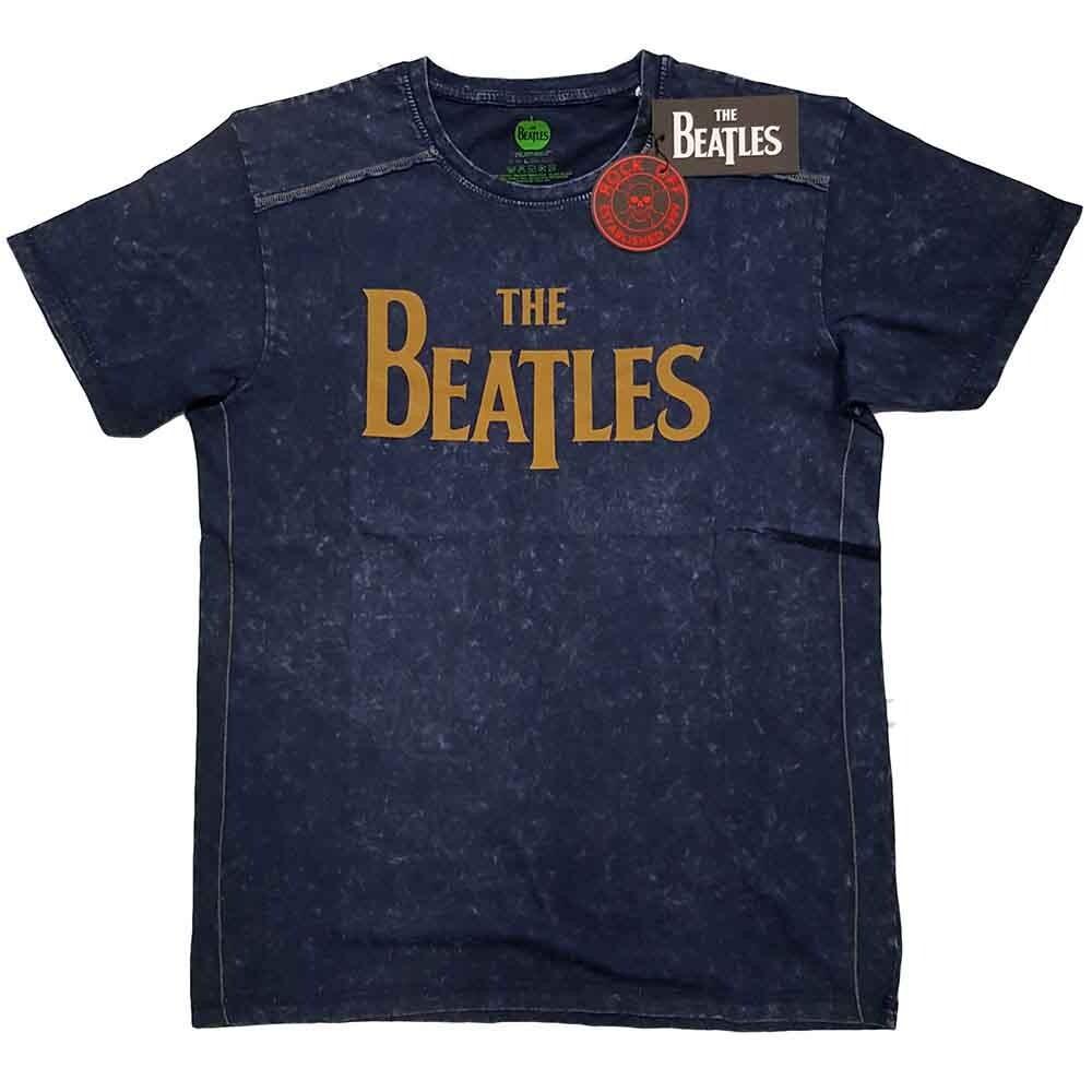 Футболка The Beatles 'Drop T Logo' Синяя с эффектом снежного отбеливания - НОВАЯ Унисекс Футболка