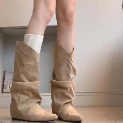 Осень Зима Плиссированные Женские Ковбойские Сапоги Западного Стиля Внутренняя Платформа Слипоны Полусапожки До середины Икры Zapatos De Mujer