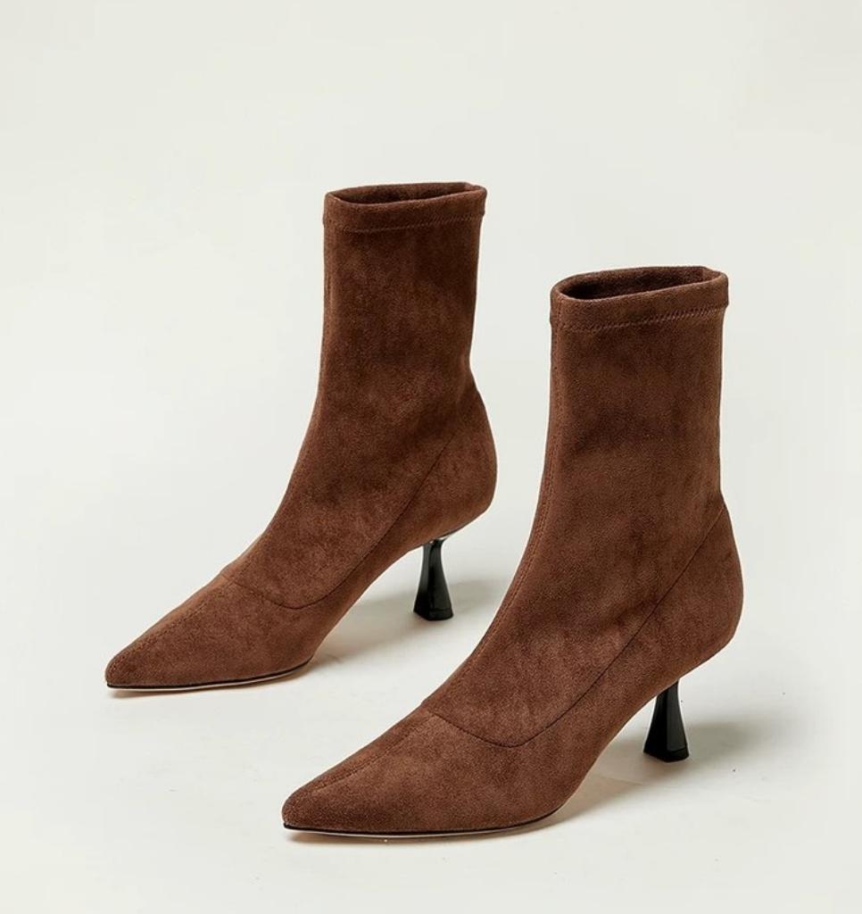 Модные осенние ботильоны из мягкой искусственной замши на высоком каблуке в стиле ретро, женские туфли-лодочки с острым носком, модные женские туфли на шпильках для вечеринок, туфли на тонком каблуке