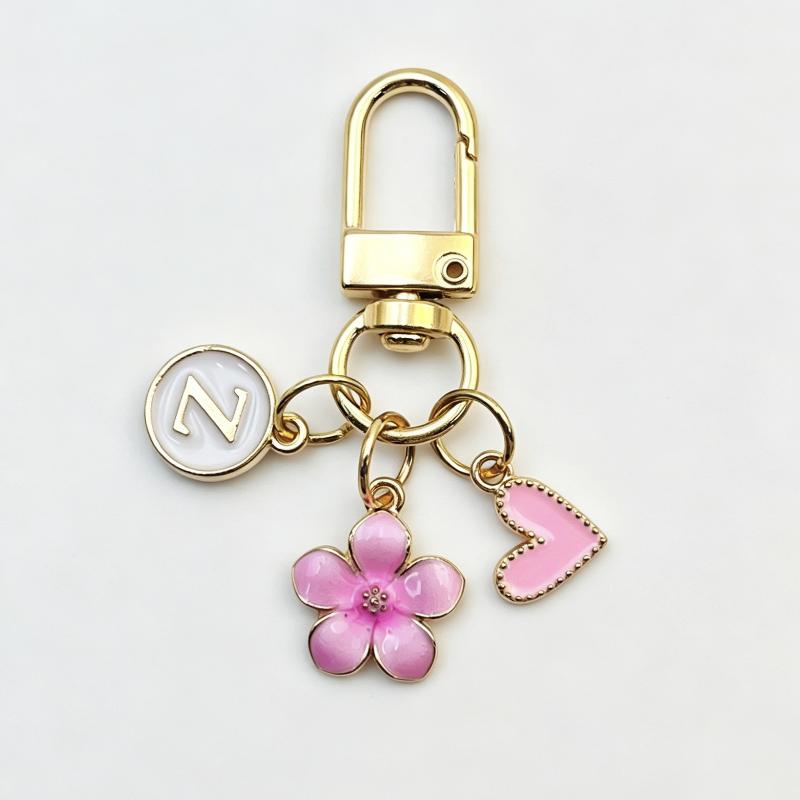 A-Z Letter Charm Enamel Keychain Pink Cherry Blossom Heart Design Key Ring for Graduation Souvenir Gift
