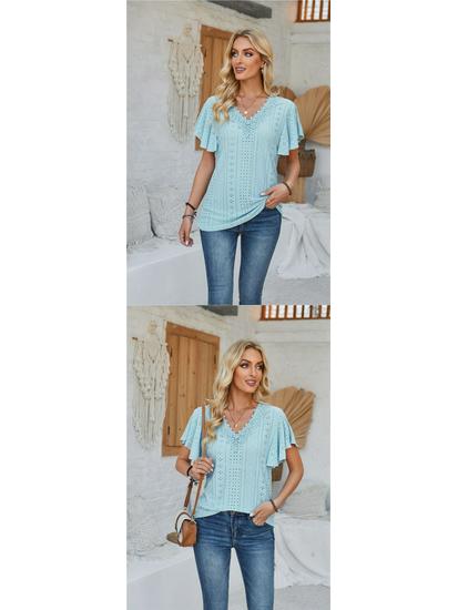 Spring/Summer Women's Lace V-Neck Ruffle Sleeve Loose T-Shirt