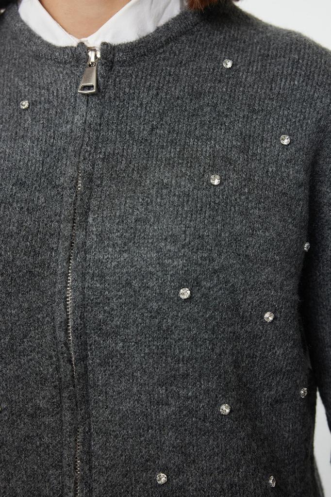 Женский модный стильный кардиган в хиджабе, серый трикотажный кардиган на молнии с деталью из камня