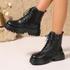 Women's Pu Leather Platform Ankle Boots Plus Size 35-42 Lace Up Motorcycle Boots Women Comfort Wide Leg Black Short Booties