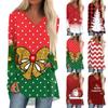 Women's Autumn Winter Long Sleeved V-neck Christmas Print Casual Long Loose T-shirt Top