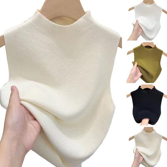 Women Knitted Vest Tops Slim Fit Half-High Collar Sleeveless Top Solid Color Stretchy Knit Blouse Daily Wear