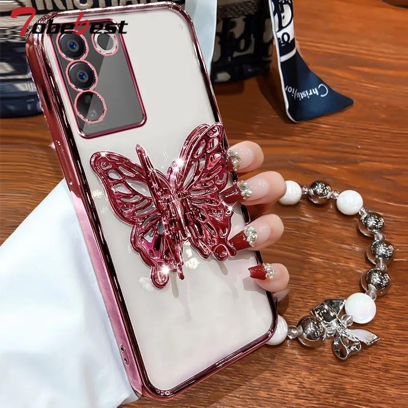 3D Butterfly Phone Holder Bead Bracelet Glitter Plating Case for Samsung Galaxy A14 A24 A34 A54 A15 A25 A35 A55 4G 5G Cover