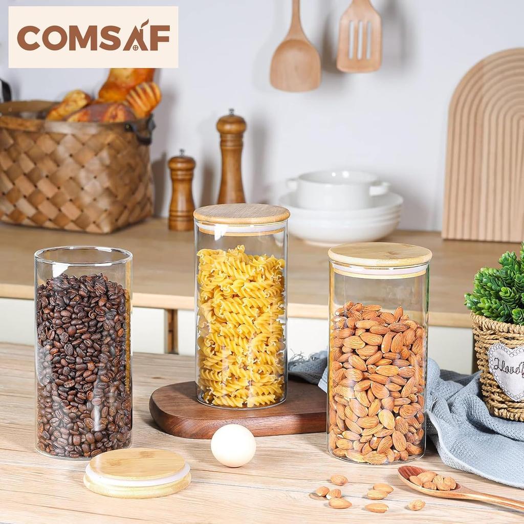 ComSaf Coffee Bean Storage Container Glass Canister Sealed 1400ml Coffee Canister Sealed Jar Food Storage Container with Bamboo Lid Flour Grain Set of