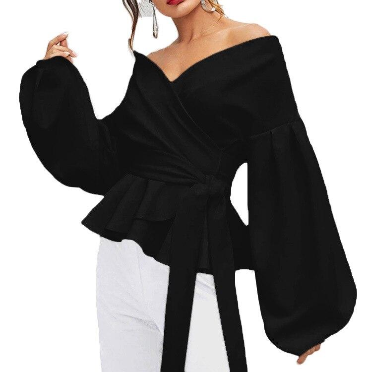 White Office Lady Elegant Lantern Sleeve Surplice Peplum Off the Shoulder Solid Blouse Sexy Women Tops And Blouses