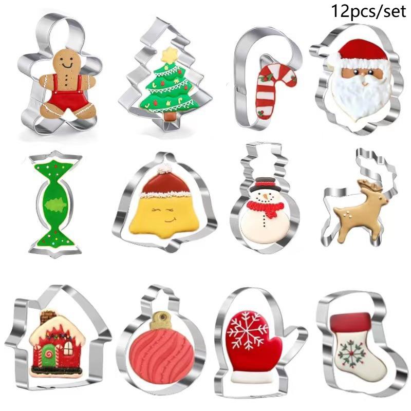 12pcs Christmas Cookie Cutters, Stainless Steel Pastry Cutters, Biscuit Molds, Baking Tools, Kitchen Gadgets, Kitchen Accessorie