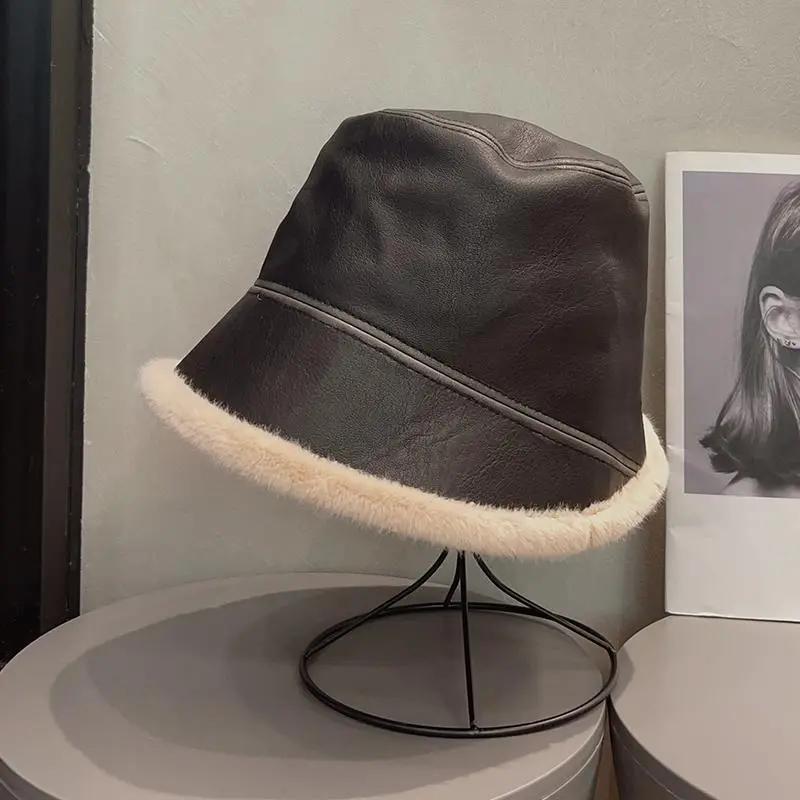 WTEMPO Solid Color Autumn Winter Splicing PU Bucket Hats Female Faux Fur Plush Cold-proof Windproof Hats