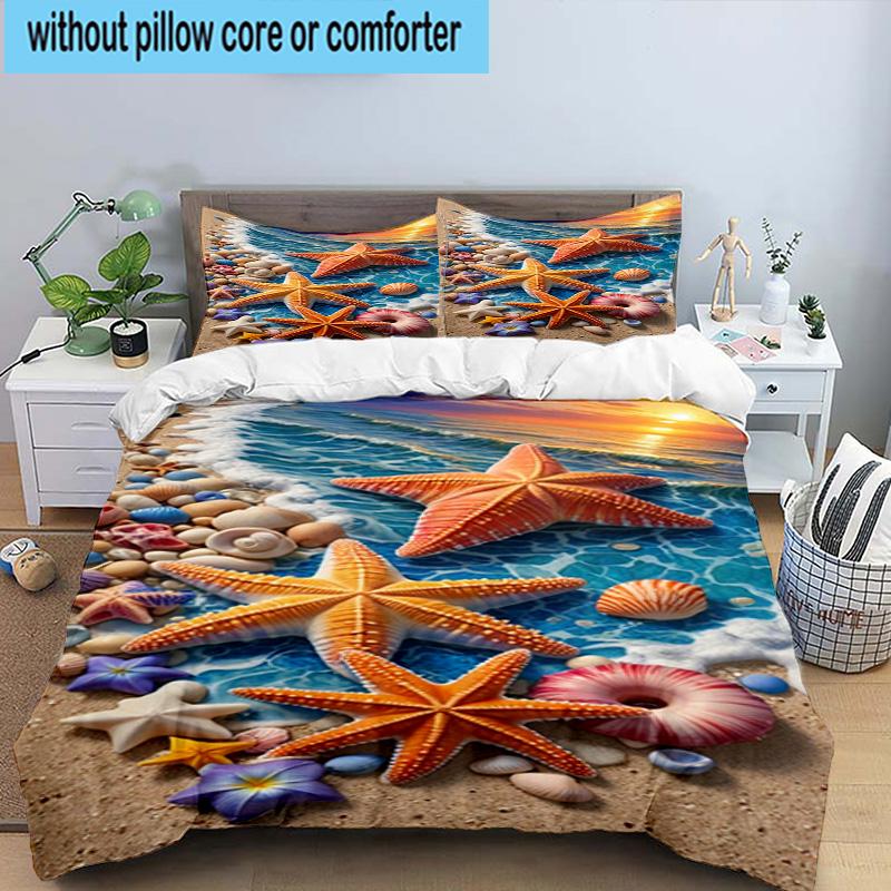 Ocean Starfish Shells 3pcs Bedding,Including 1pc Duvet Cover And 2pcs Pillowcases Perfect for Christmas,Ideal for Bedroom, Dormitory