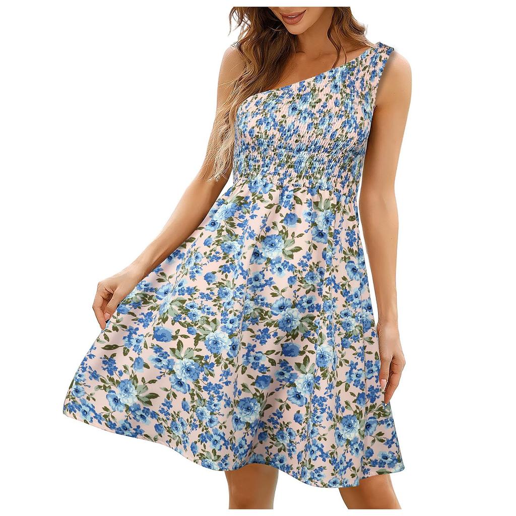 Summer Beach Skirt Floral One Shoulder Medium Length Dress Bohemian Strapless Strapless Dress
