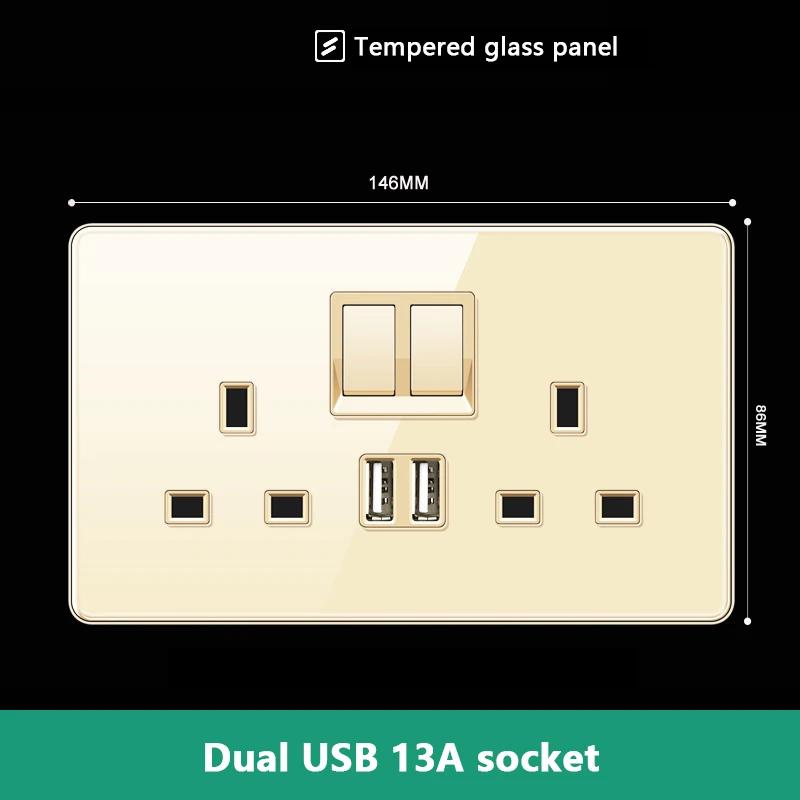 UK 13A Wall Socket with Type-C 18W Fast Charging Plug Socket,Glass Panel Power Double Universal Outlet with Quick USB C Charge