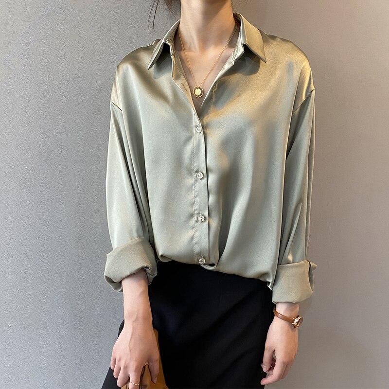 Fashion Button Up Satin Silk Shirt Women Tops Vintage Casual Plus Size Blouse Women Long Sleeve White Shirts Female 11355