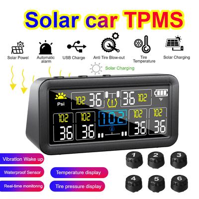 Солнечный автомобильный TPMS 6 колес Монитор давления в шинах 4-дюймовый ЖК-дисплей USB-зарядка