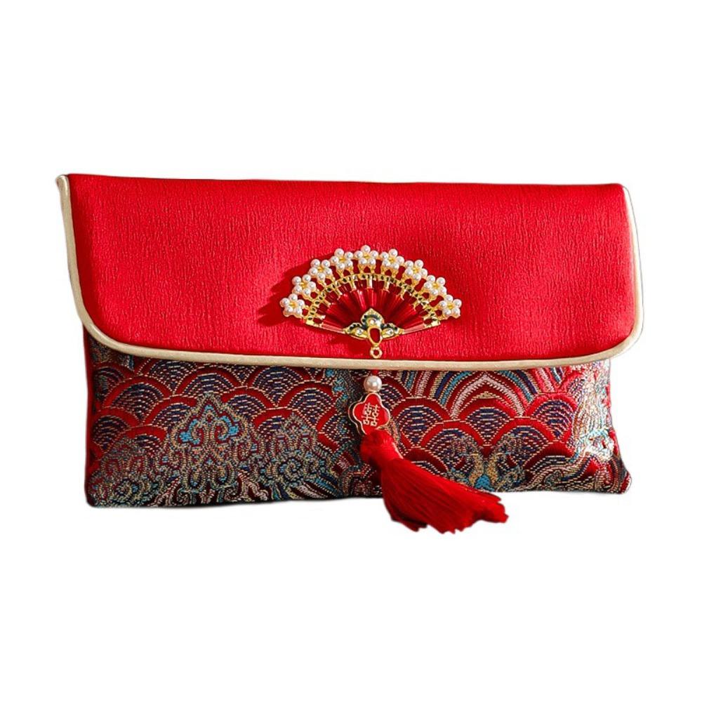 Chinese New Year PU Lucky Red Pockets Button Blessing Words Tassel Red Envelop PU Leather Spring Festival Wedding Money Bag
