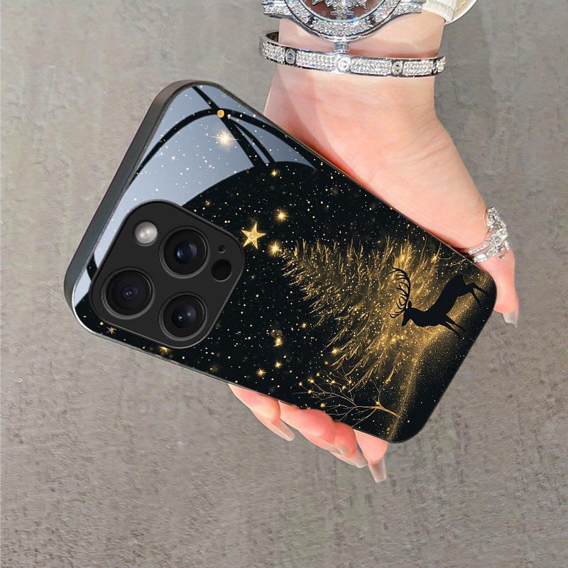 Чехол из закаленного стекла с рисунком милого оленя и новогодней елки для iPhone 17 16 15 14 13 12 11 Pro Max 17 Air 7 8 Plus XR XS X