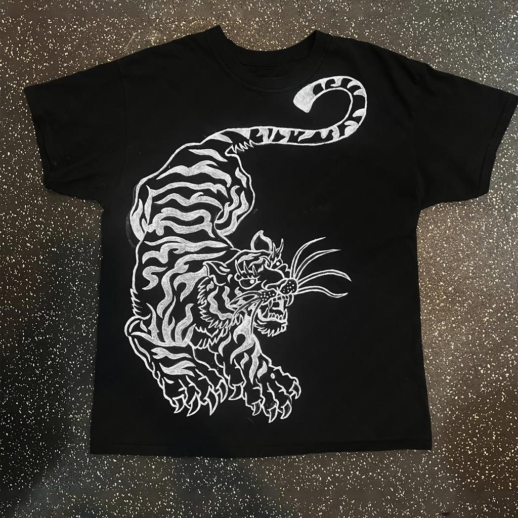 American Retro Mountain Tiger Print Black Short Sleeve T-Shirt Street National Trend Individual