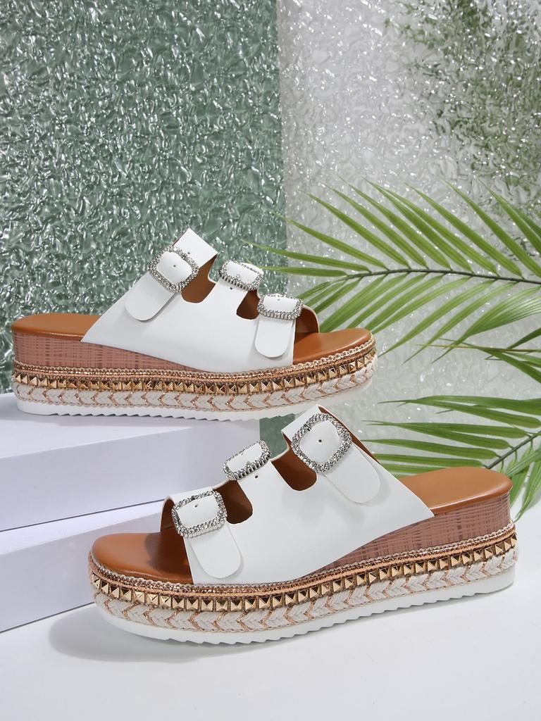 2025 Summer New Foreign Trade Muffin Thick-soled Double-buckle Rhinestone Cork Beach One-word Slippers Large-size Women's Shoes