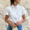High Street Puff Short Sleeve Lace Blouse Office Fashion Hollow Shirt T Shirt Commute Women O Neck Solid Jacquard Pullover