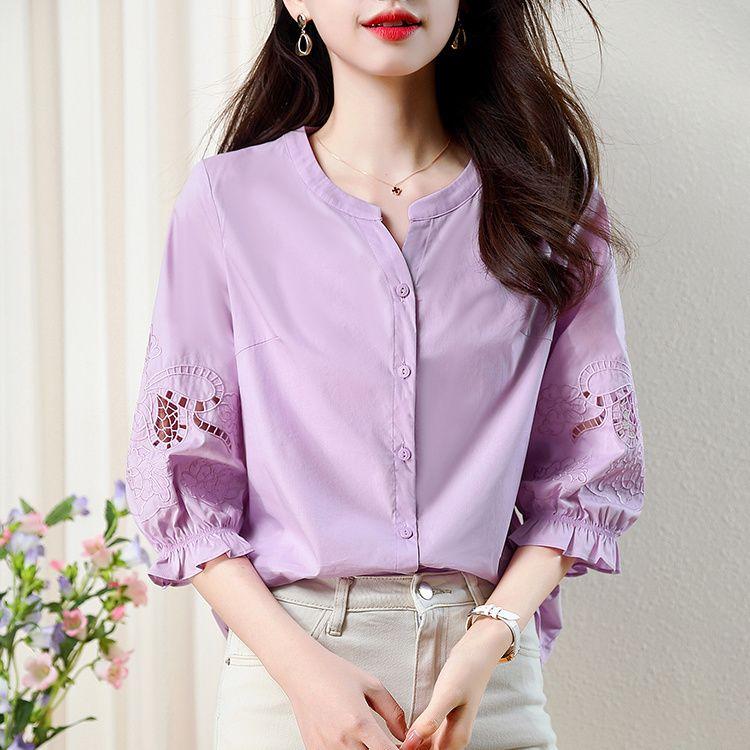 Loose Summer Women's Hollow Embroidery Shirt In Pure Cotton Blouse