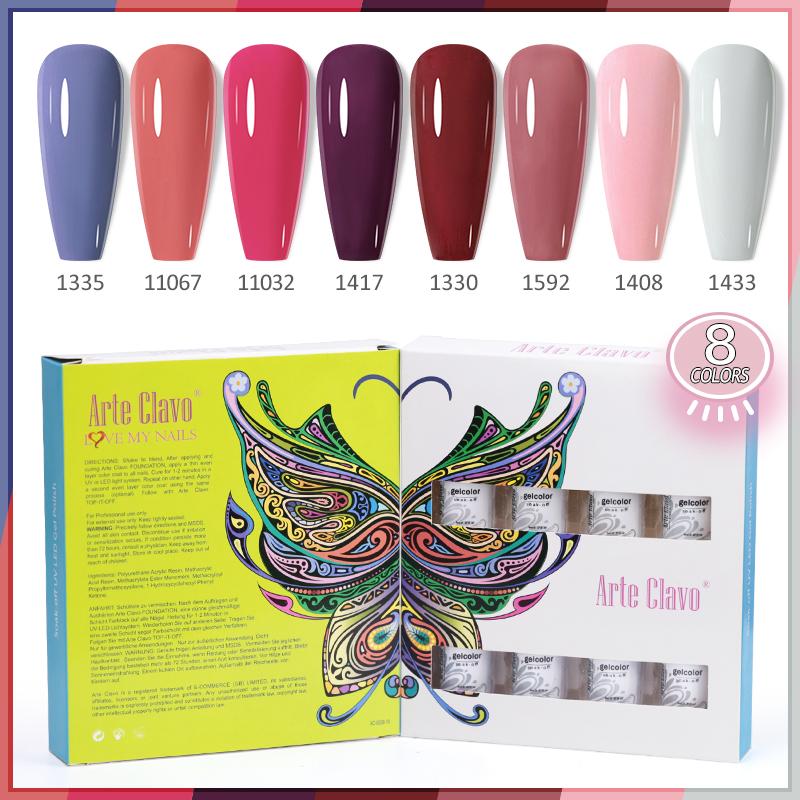 Arte Clavo 8 бутылок/набор, высококачественный блестящий гель-лак для ногтей для маникюра, гель-лак для дизайна ногтей, верхнее базовое покрытие, лак