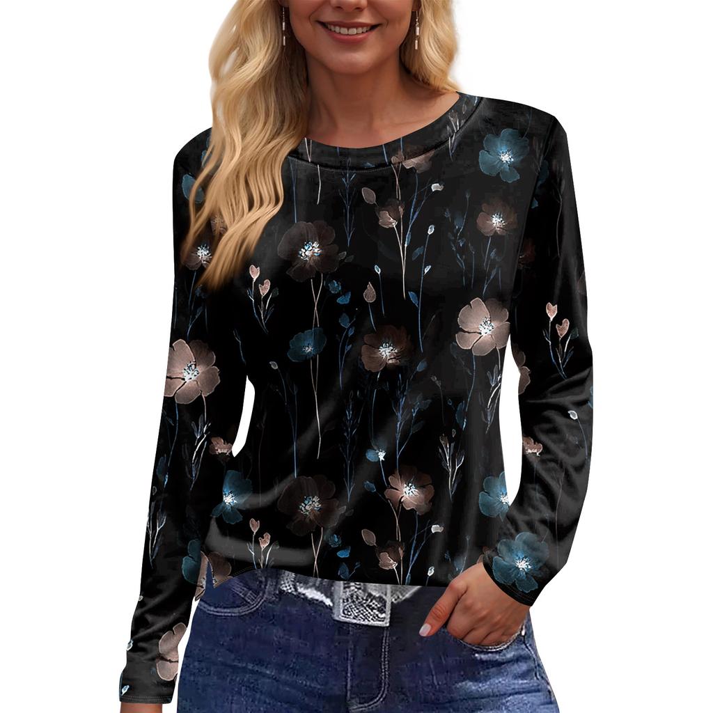 Женская модная повседневная свободная футболка с разрезом и круглым вырезом с длинным рукавом с принтом, женский топ