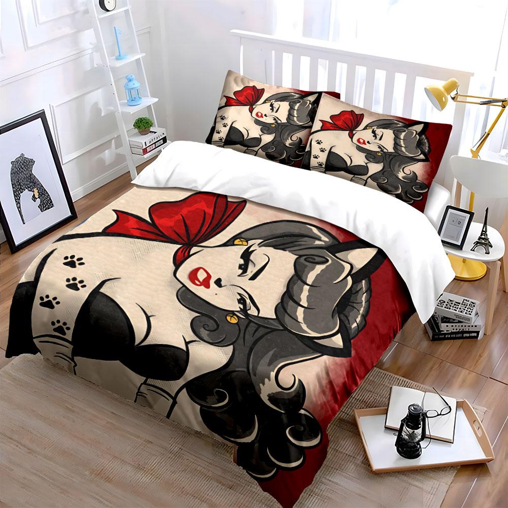 Vintage Cat-Eared Pin-Up Design Bedding Duvet Cover Set Duvet Cover Pillowcases (1*Duvet Cover 2*Pillowcases, without duvet insert)