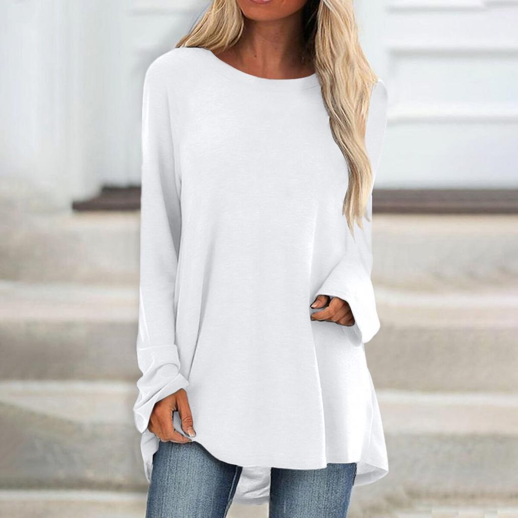 Женская модная повседневная футболка, однотонный топ с длинным рукавом и круглым вырезом, средний длинный топ