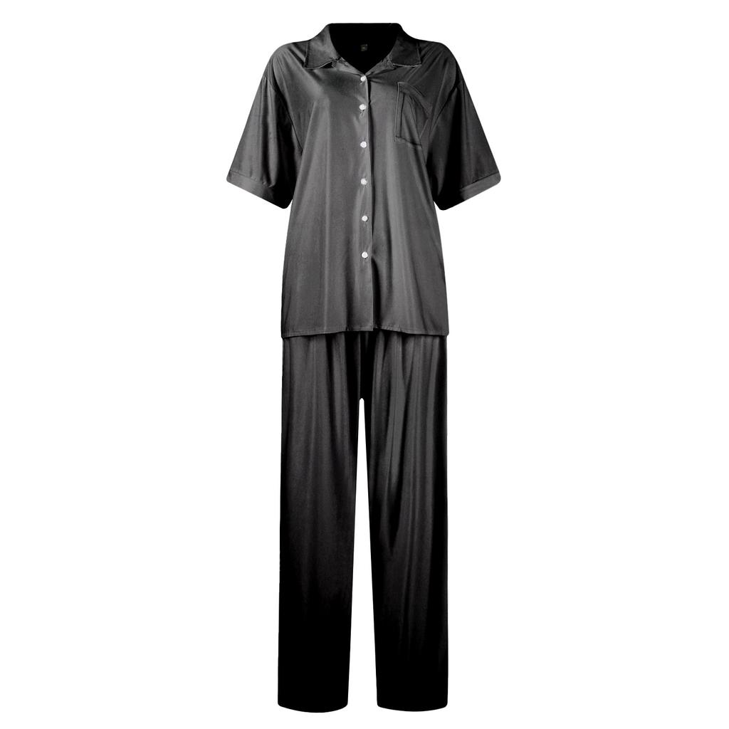 Women's Silk Solid Color Pajamas Set, Ladies Short-sleeved And Long Pants Two-piece Pajamas, Button-down Pajamas And Home Clothes