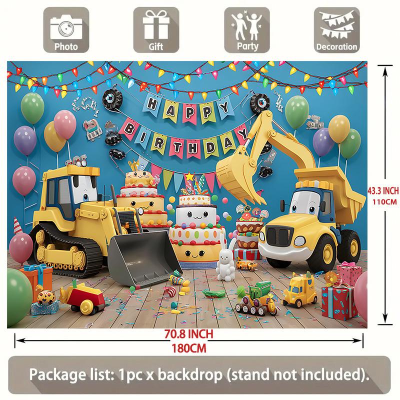 Party Backdrop Construction Truck Yellow Excavator Balloons Cakes Playful Photo Booth Decor Birthday Party Decor