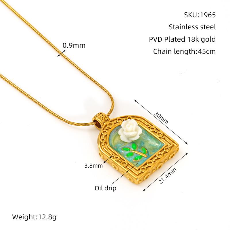 New titanium steel necklace with a Monet garden oil painting design, featuring floral and pearl accents18k Gold stainless steel jewelry