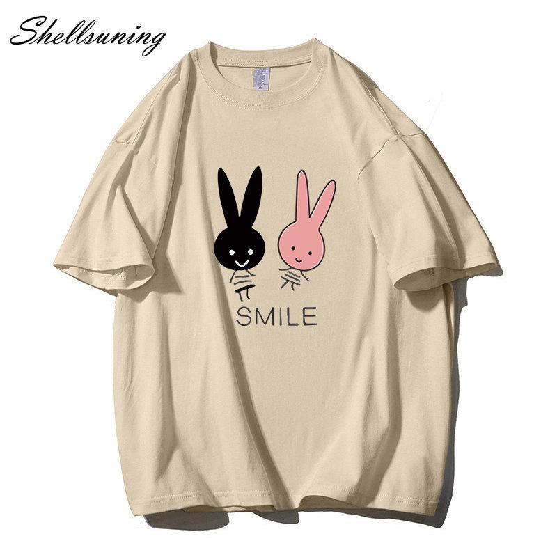 Shellsuning Cute Bunny Graphic Printed T Shirts Women Summer Casual Loose O Neck Short Sleeve Tees Female Trendy 100% Cotton Tops Lady