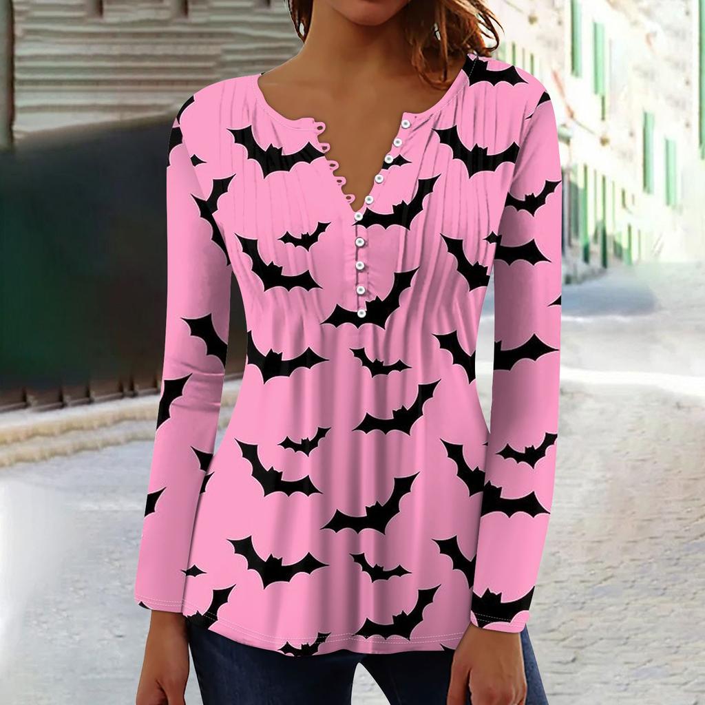 Женский топ с длинными рукавами и плиссированным воротником на пуговицах с принтом Хэллоуина, весна-осень
