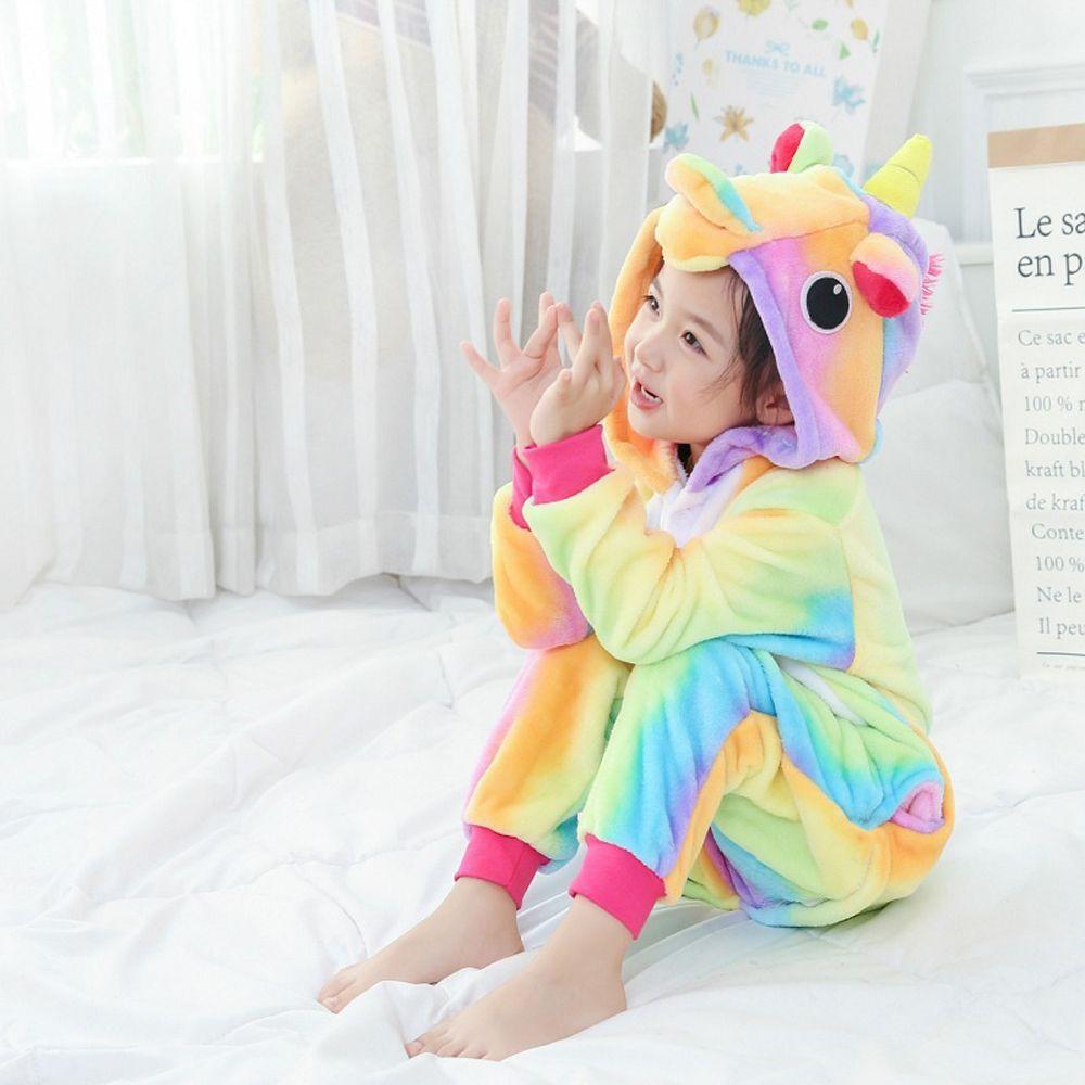 Rainbow Unicorn Kigurumi Pajamas for Kids Unisex Animal Flannel Cosplay Sleepwear with Shoes Boy