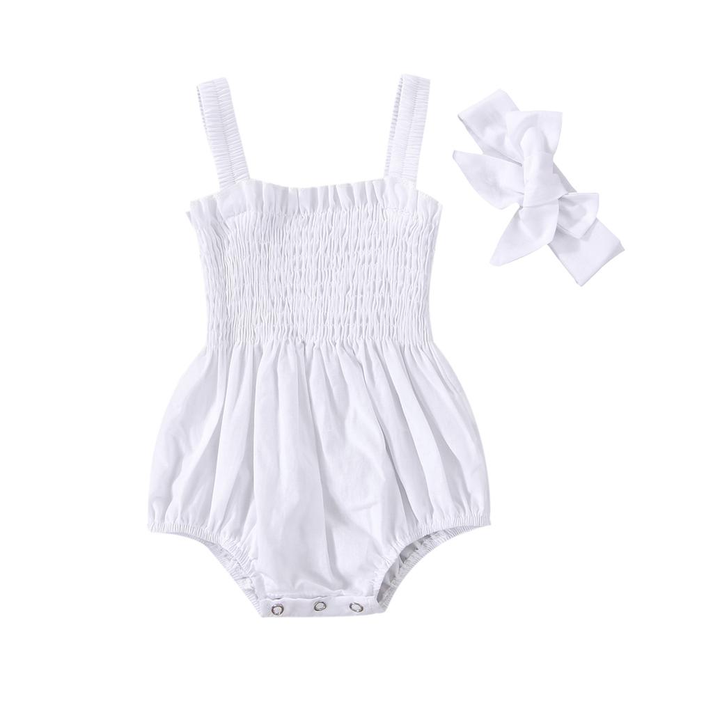 Baby Summer Jumpsuit Outfit Solid Color Ruched Toddler Girl Casual Sleeveless Suspender Rompers and Headband