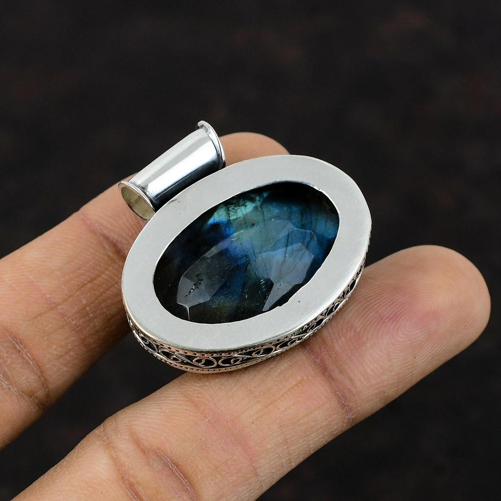 Ограненный лабрадоритовый кулон Ювелирные изделия ручной работы Подвеска из стерлингового серебра 925 пробы Замечательные винтажные украшения Подвеска из натурального драгоценного камня Подарок для мамы