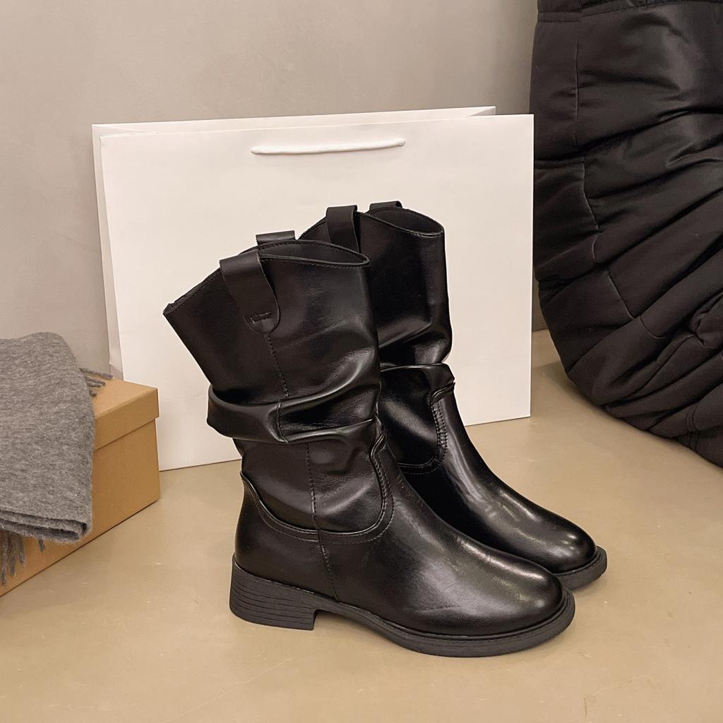 Коричневые ретро ковбойские сапоги женские 2025 осень новые плиссированные сапоги-чулки средней длины рыцарские сапоги темпераментные ботинки Мартин