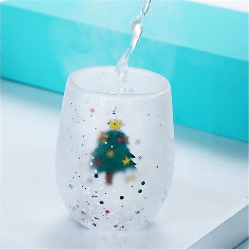 Double Wall Christmas Glass Cup Flowing Sequins Christmas Tree Snowman Coffee Cup Heat Resistant Tea Milk Juice Mug Xmas Gift