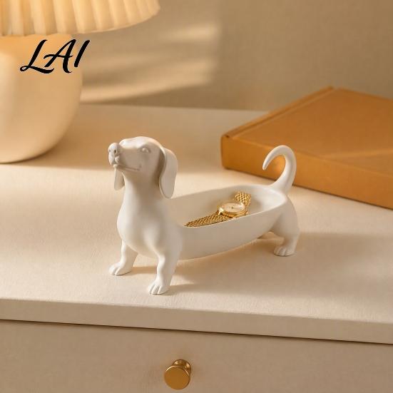 Decorative Key Bowl Dachshund Jewelry Tray Storage Organizer for Rings Earrings And Keys Creative Dog Statue Decor Cute Resin Animal Figurine