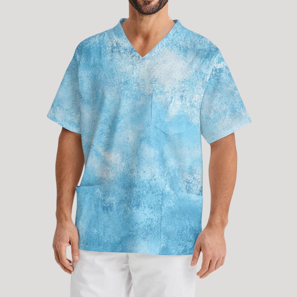 Мужская рабочая блузка с короткими рукавами и v-образным вырезом с принтом, топ с нагрудным карманом