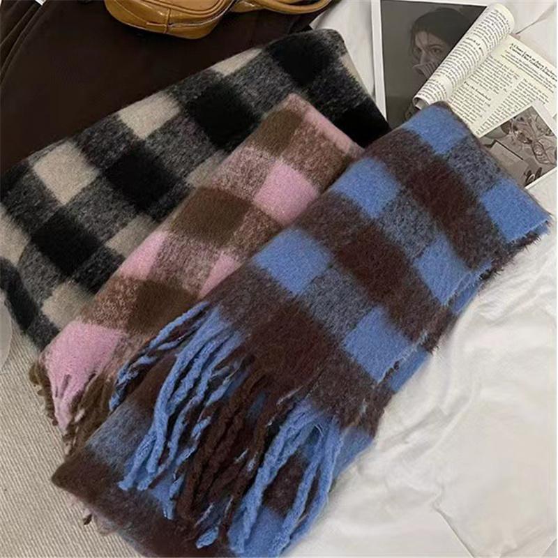 Cashmere Plaid Grid Scarf for Women Autumn Winter Thickened Warm Wrap Windproof Pashmina Scarves