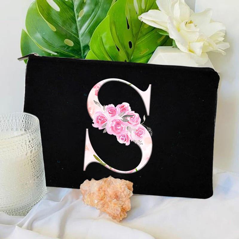 Women Bag Makeup Bag Bridesmaid Makeup Bags Floral Alphabet Print Linen Zipper Pouch Travel Organizer Case Mujer Bolsas Cosmetic