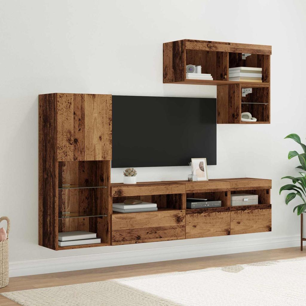 Wall Mounted TV Units with LED Light Strips 6 pcs Reclaimed Wood Effect Particleboard